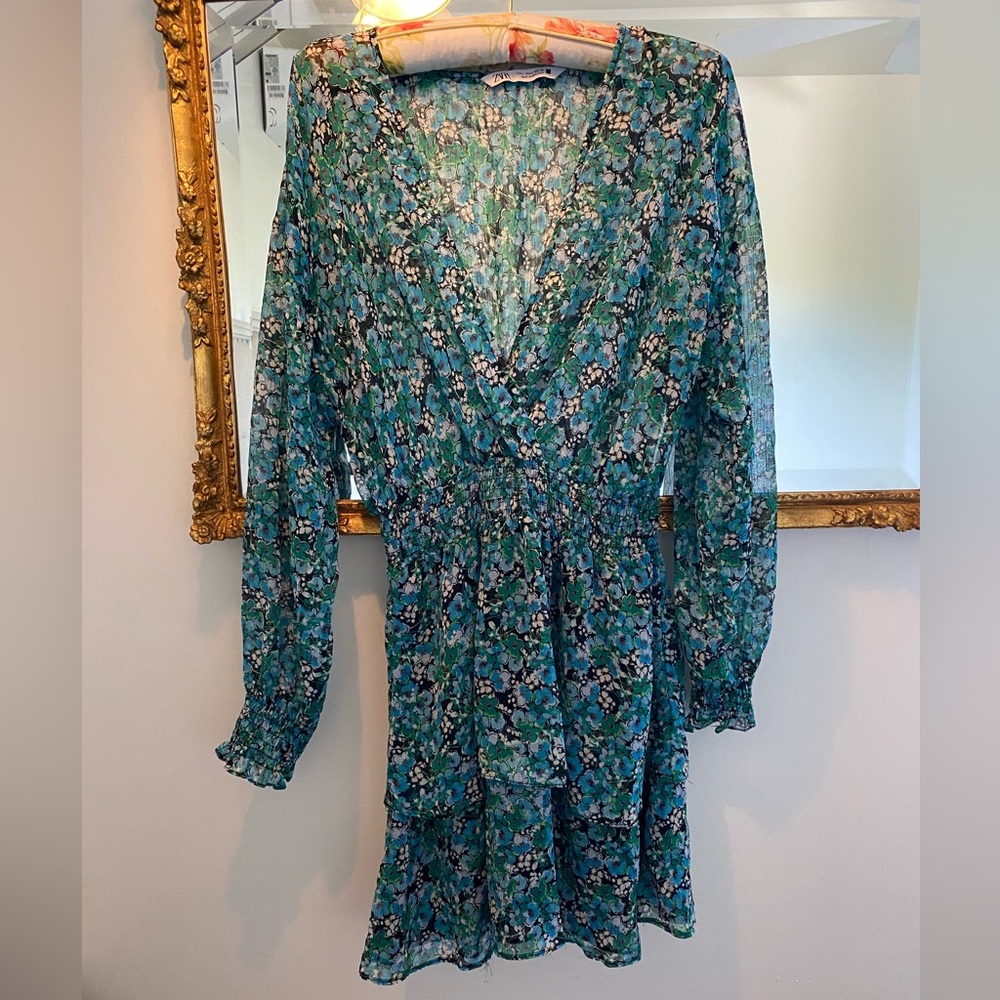 Zara Long Sleeve Floral Blue Dress